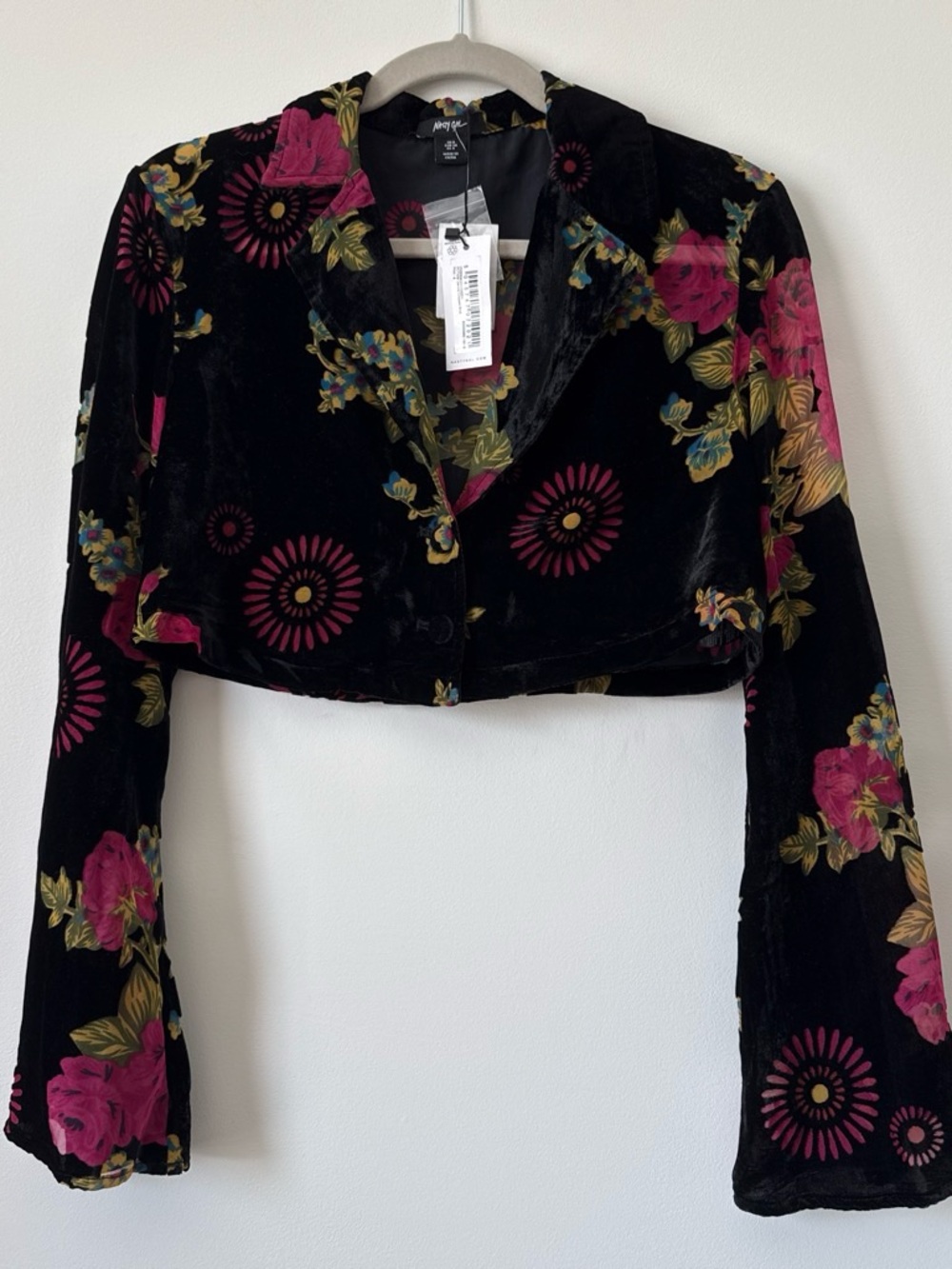 Nasty Gal black velvet cropped blazer with sheer floral print and bell sleeves